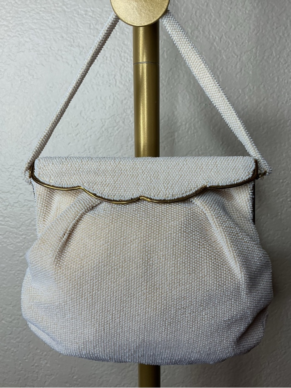 Vintage Saks Fifth Avenue Ivory Beaded Clutch with Gold Trim